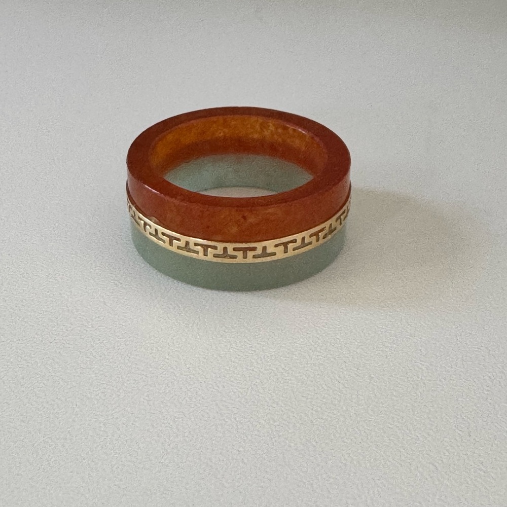 Vintage Jade & Amber Jade Ring 18K Gold Filigree Unisex Size 7.5